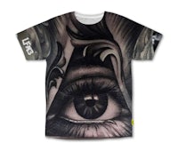 a black and white t - shirt with an eye on it